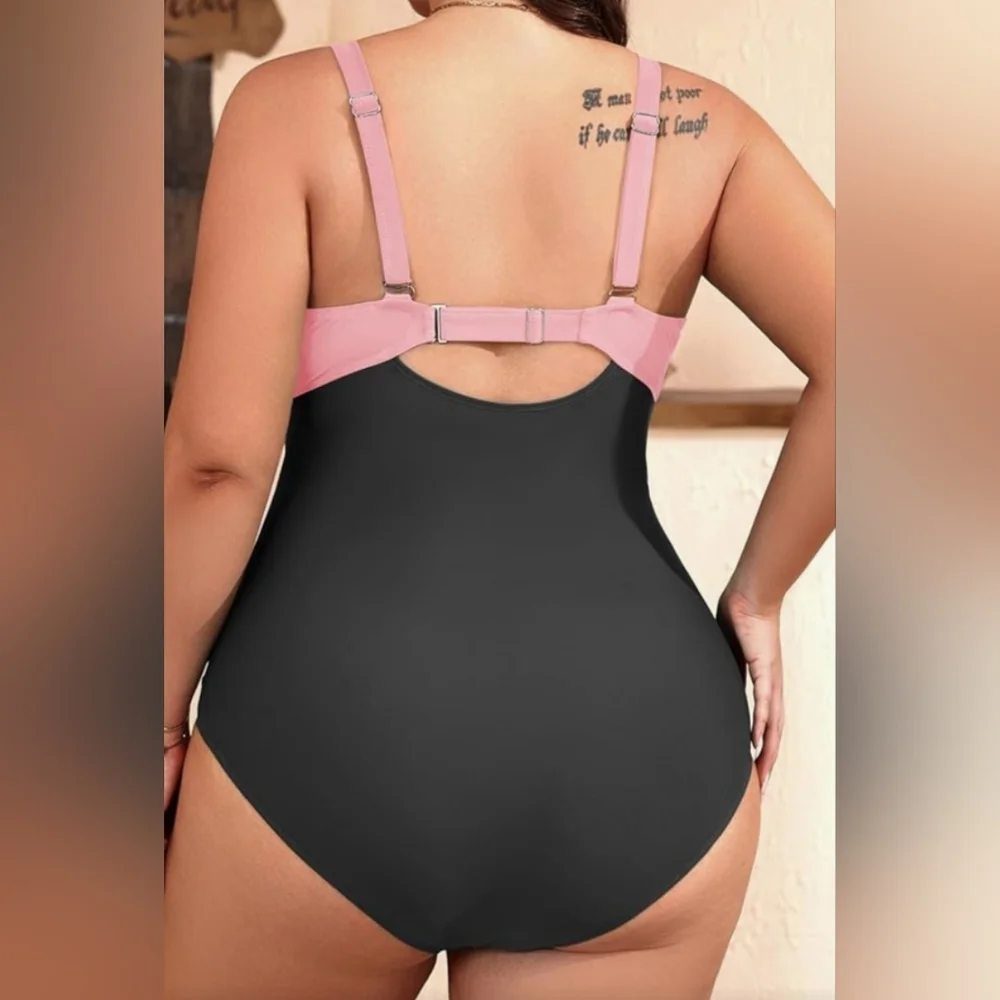 Aqua Eve Pink and Black Women's One Piece Swimsuit Features Front Cutout Sz 16W